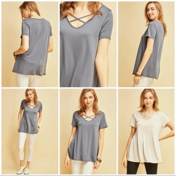NWT entro boutique med grey crisscross v-neck basic modal top neutral layering - Picture 2 of 13